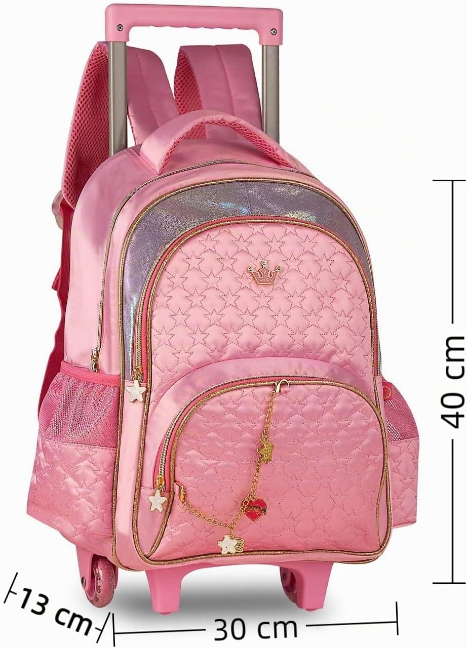 Mochila con ruedas rosa con coronas de 40 × 30 × 13 cm – diseño de coronas