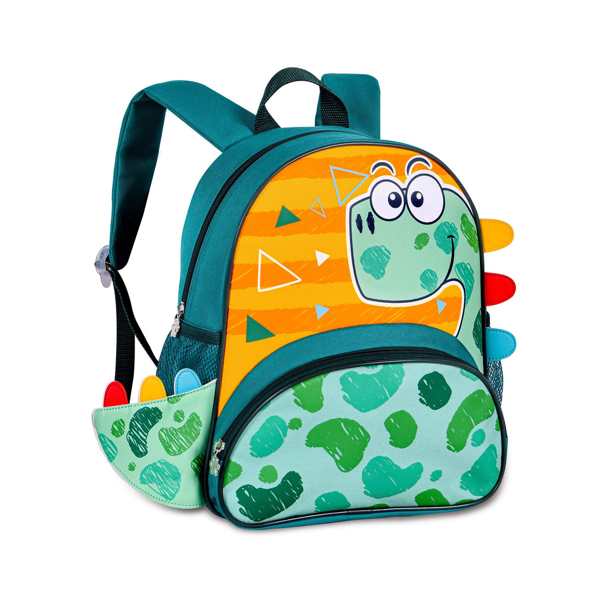 Mochila infantil Dinosaurio verde y naranja – diseño de dinosaurio