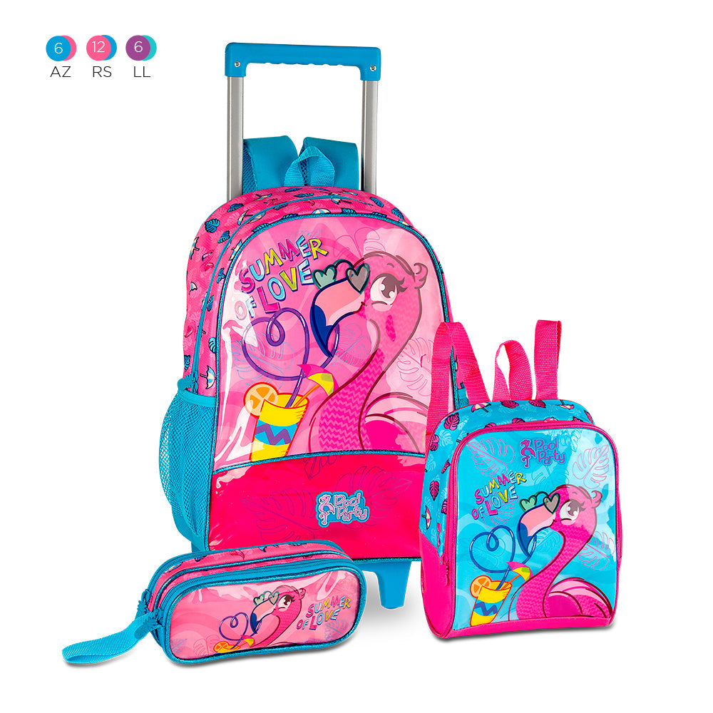 Set escolar Flamencos con mochila, fiambrera y estuche