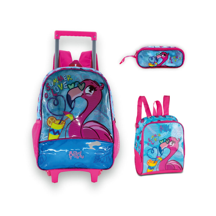 Set escolar Flamencos con mochila, fiambrera y estuche