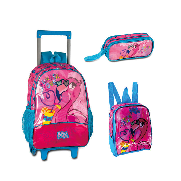 Set escolar Flamencos con mochila, fiambrera y estuche