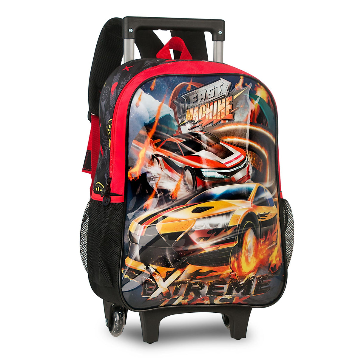 Set escolar Coches Xtreme negro y rojo con mochila con ruedas, fiambrera y estuche