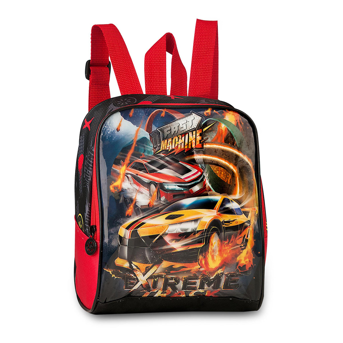 Set escolar Coches Xtreme negro y rojo con mochila con ruedas, fiambrera y estuche