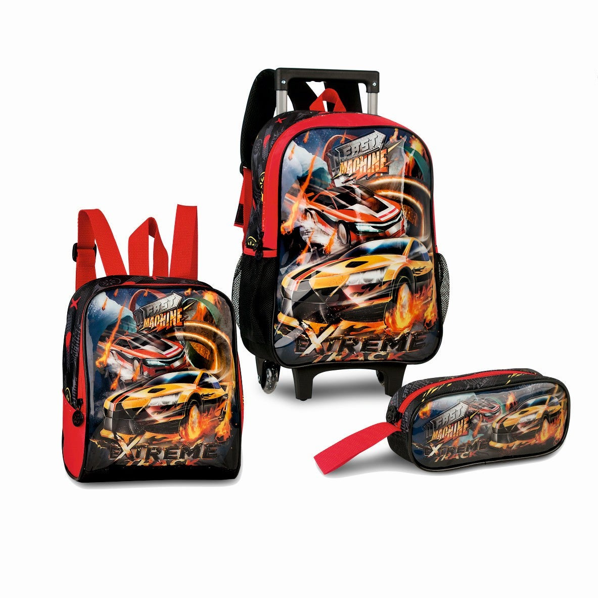 Set escolar Coches Xtreme negro y rojo con mochila con ruedas, fiambrera y estuche
