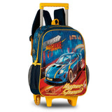 Set escolar Coches Hyper Speed azul y amarillo con mochila con ruedas, fiambrera y estuche