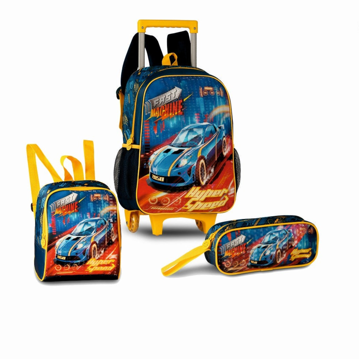 Set escolar Coches Hyper Speed azul y amarillo con mochila con ruedas, fiambrera y estuche