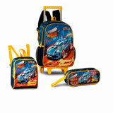 Set escolar Coches Hyper Speed azul y amarillo con mochila con ruedas, fiambrera y estuche
