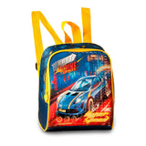 Set escolar Coches Hyper Speed azul y amarillo con mochila con ruedas, fiambrera y estuche