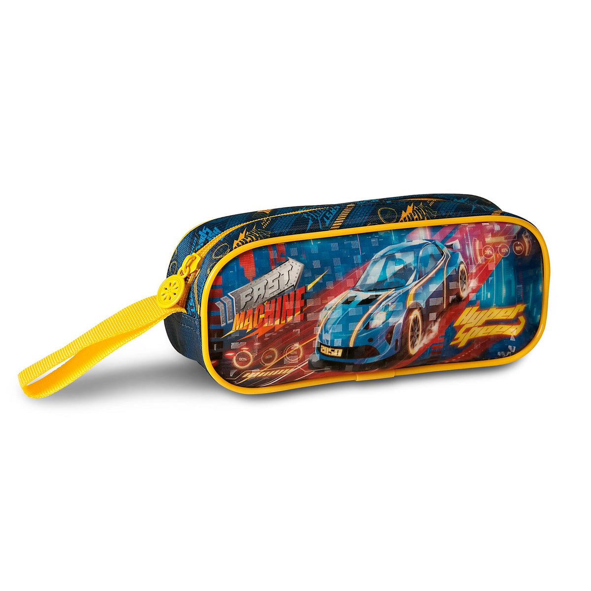 Set escolar Coches Hyper Speed azul y amarillo con mochila con ruedas, fiambrera y estuche