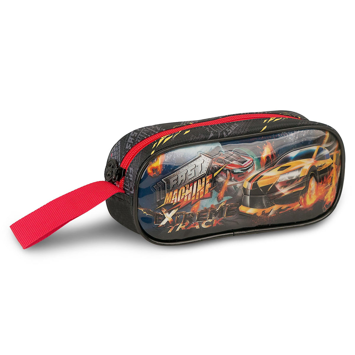 Set escolar Coches Xtreme negro y rojo con mochila con ruedas, fiambrera y estuche