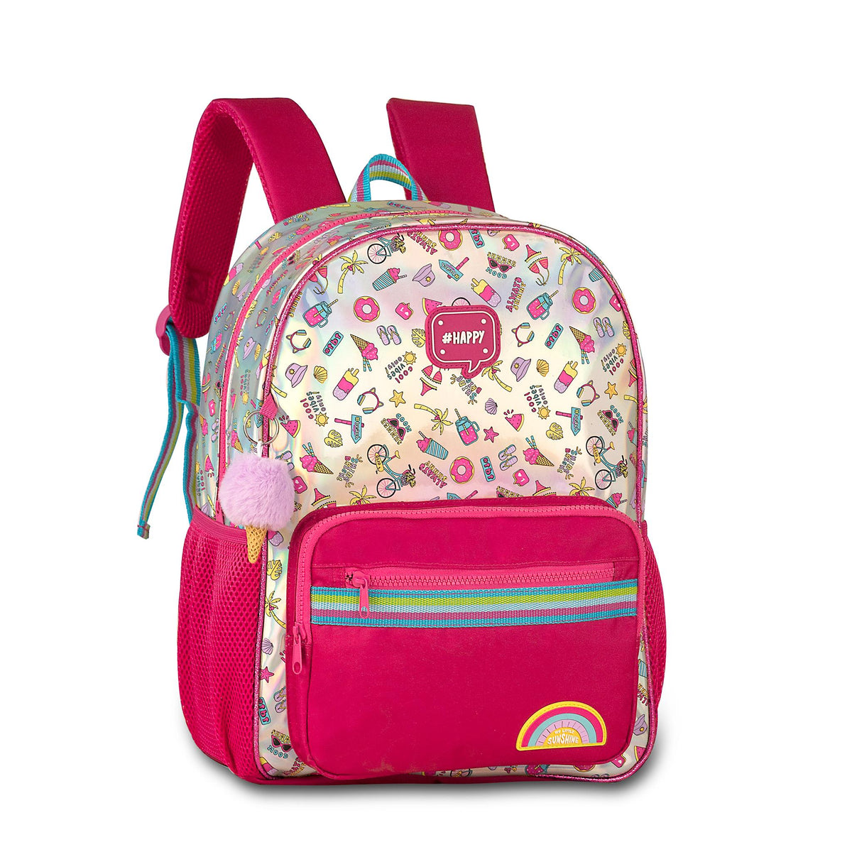 Mochila escolar rosa con arcoíris y estampado multicolor