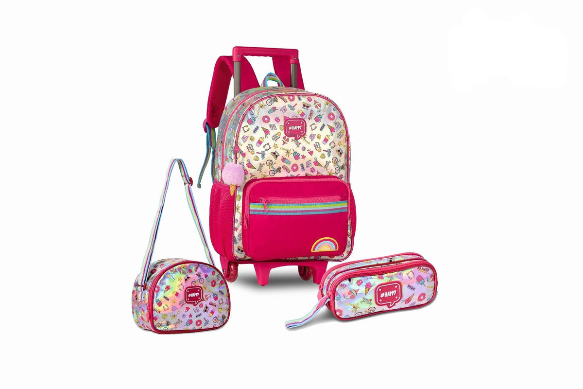 Set escolar Arcoíris de 16 pulgadas con mochila con ruedas, fiambrera y estuche