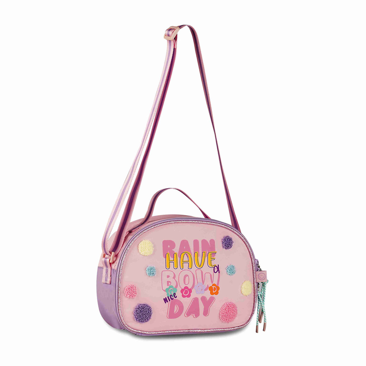 Fiambrera lila con mensaje Rain Have Fun de 7 pulgadas