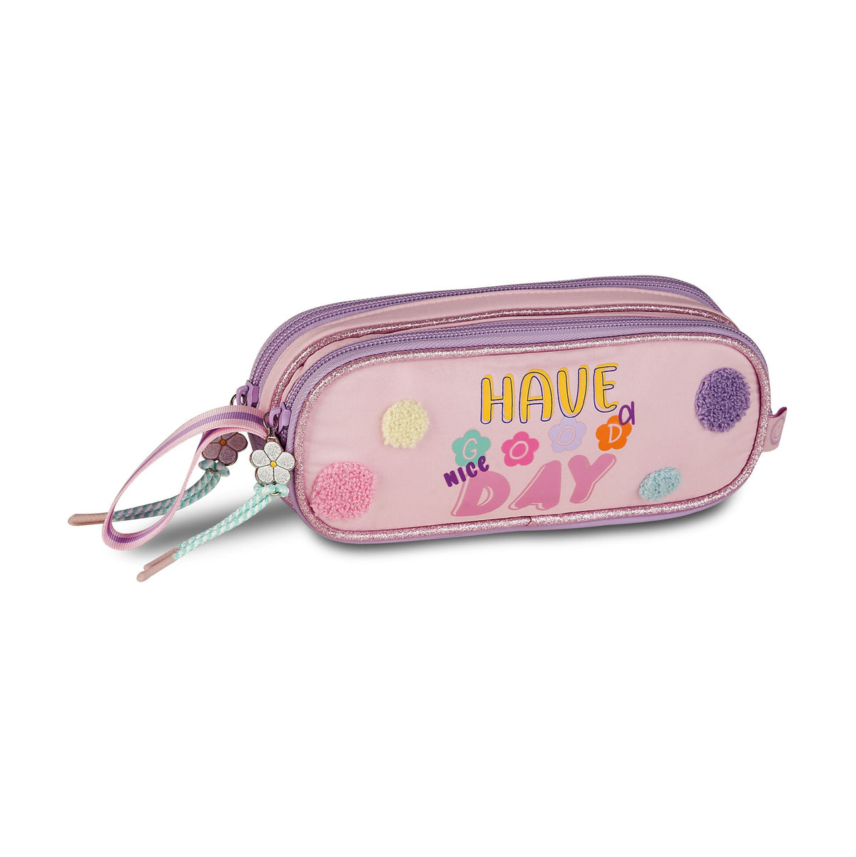 Estuche rosa pastel con frase motivadora