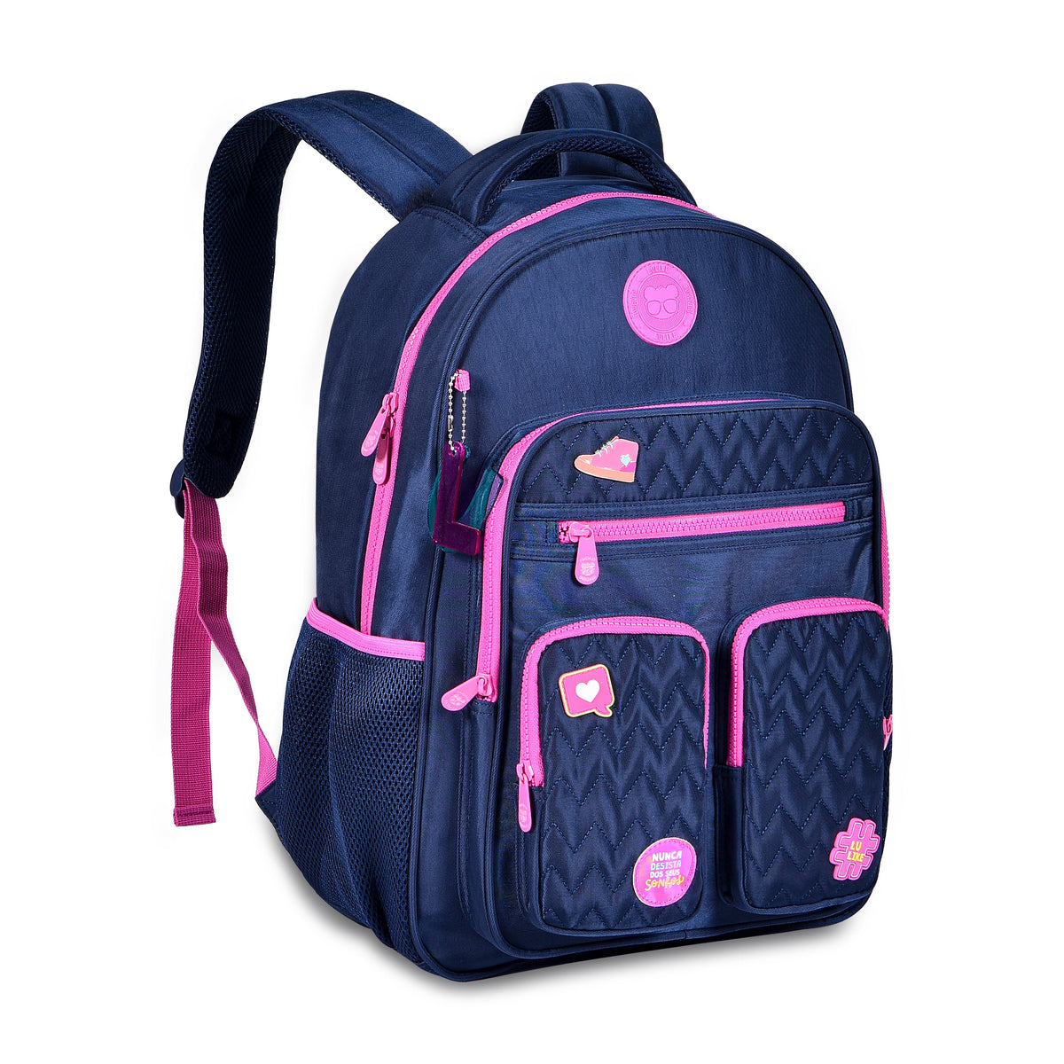 Mochila escolar Luluca azul marino y rosa