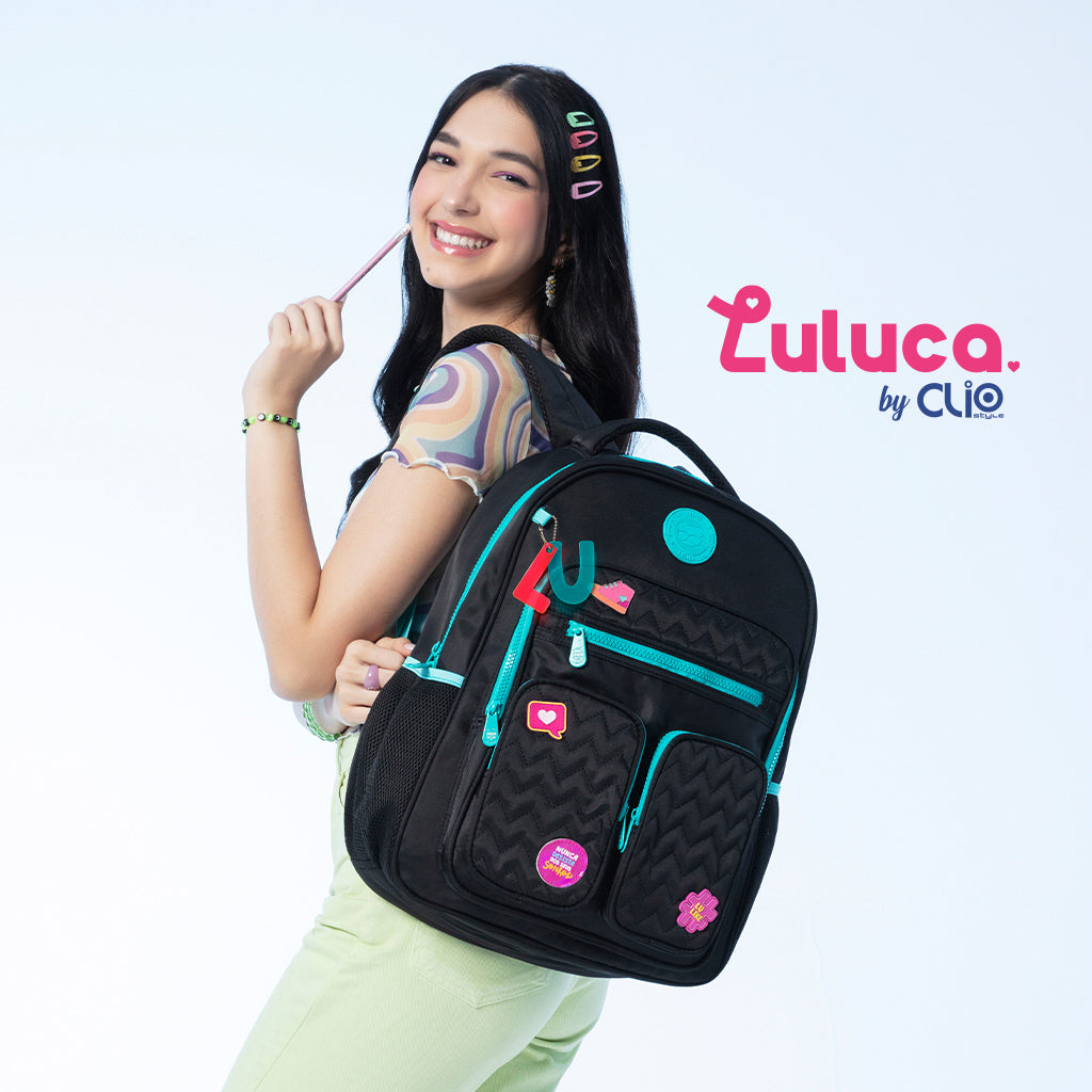 Mochila escolar Luluca azul marino y rosa