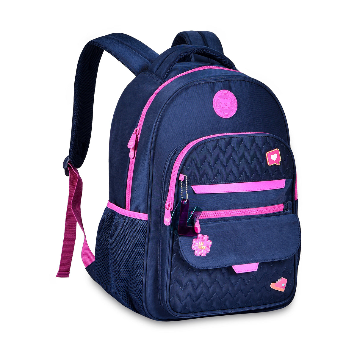 Mochila escolar Luluca azul marino con detalles rosas