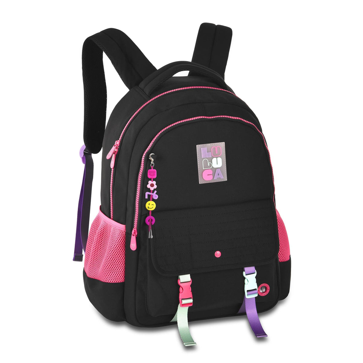 Mochila escolar Luluca bicolor con cierres decorativos de 17.5 pulgadas