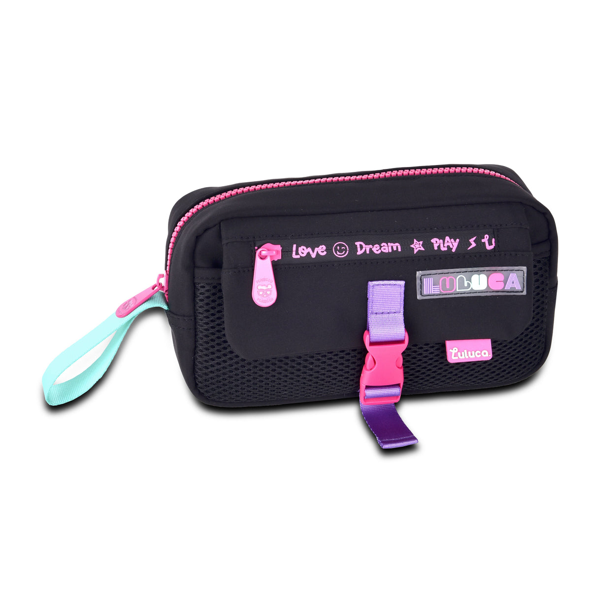 Estuche Luluca rosa con detalles multicolor
