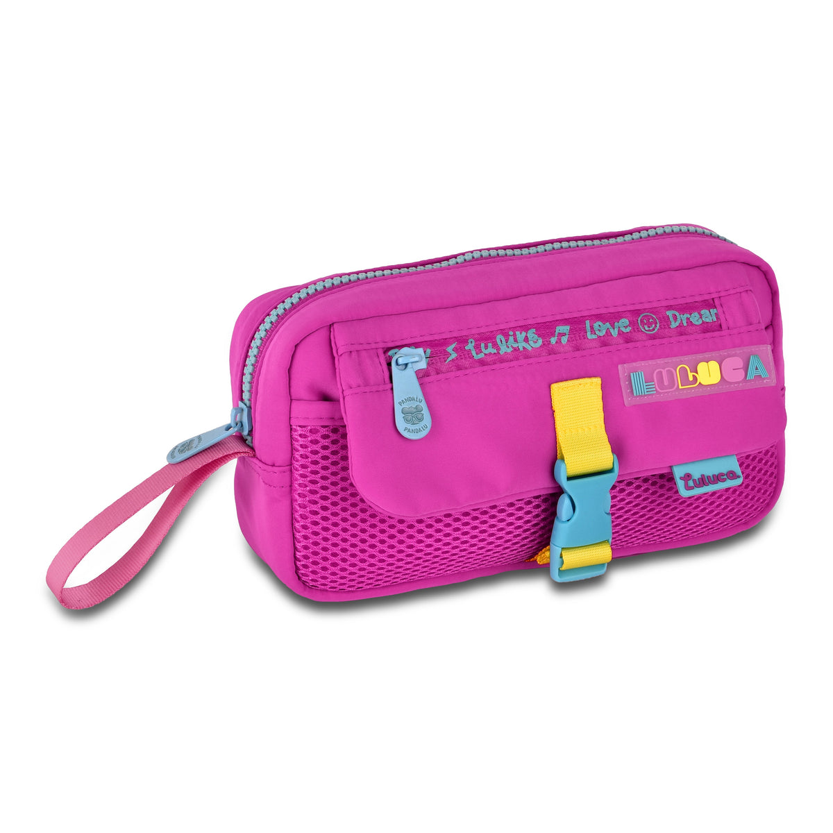Estuche Luluca rosa con detalles multicolor