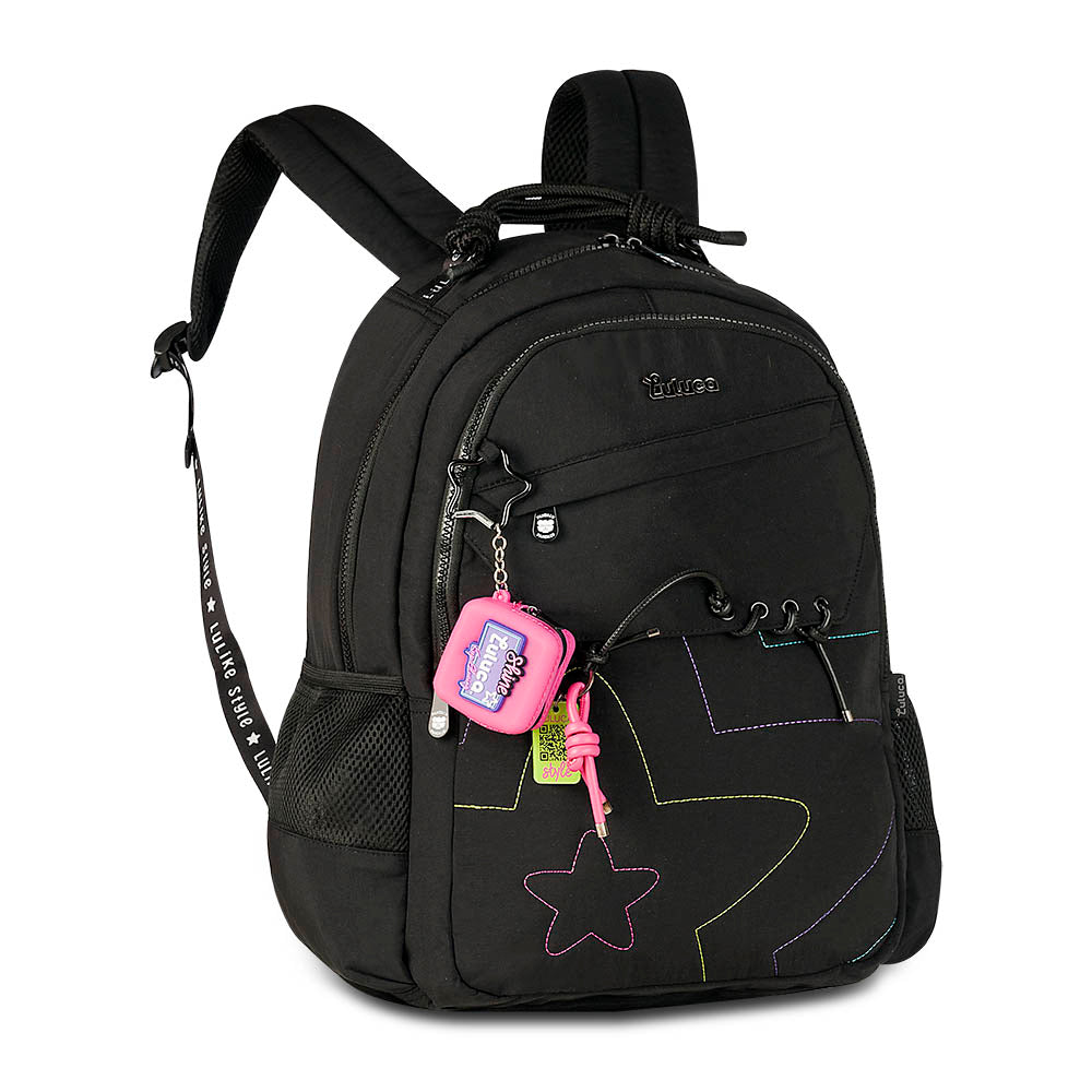 Mochila escolar Luluca negra con estrellas de 17.5 pulgadas