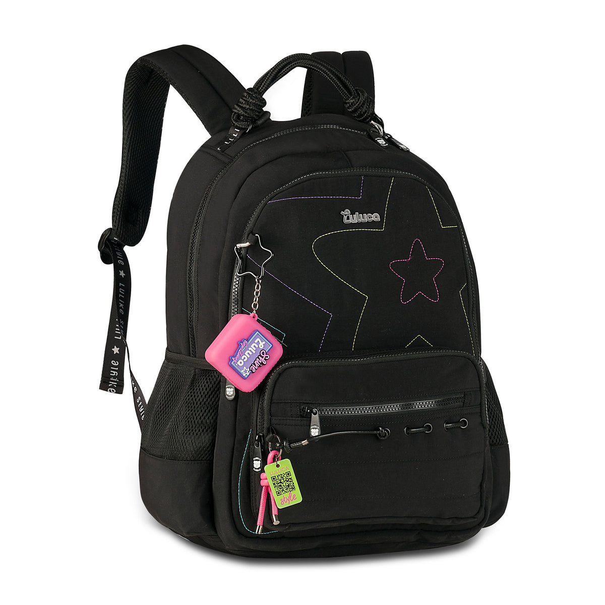 Mochila escolar Luluca con estrellas y bolsillo frontal de 17.5 pulgadas