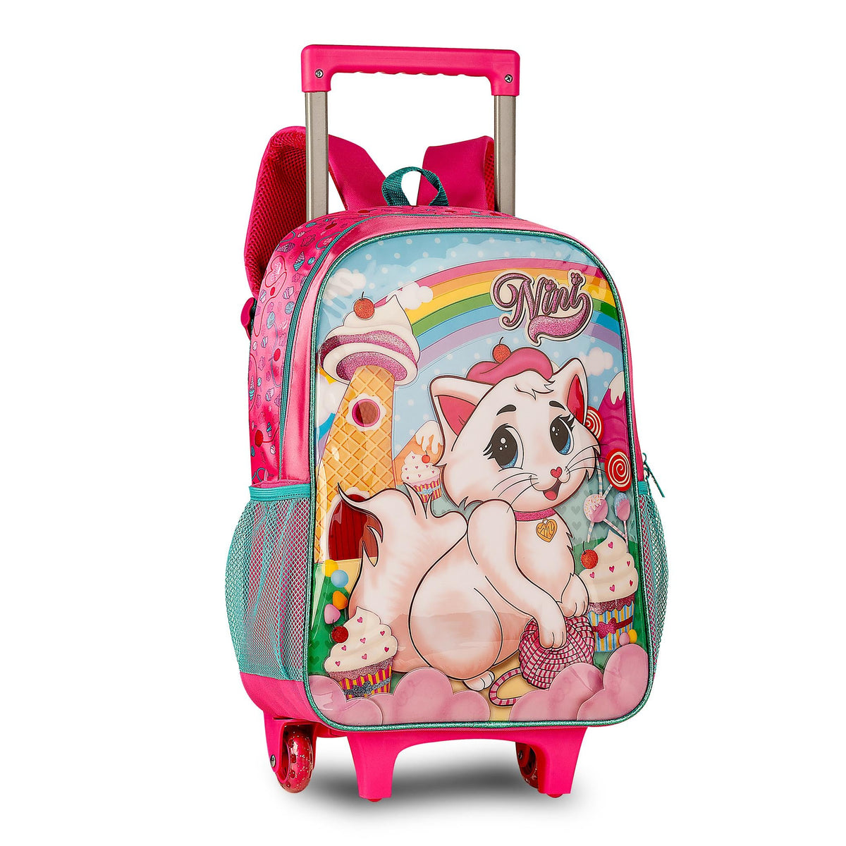 Set escolar Gato de 16 pulgadas con mochila con ruedas, fiambrera y estuche