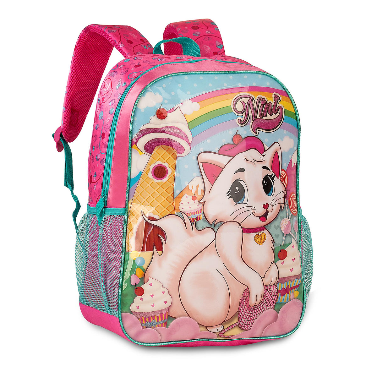 Mochila escolar turquesa de gata con dulces