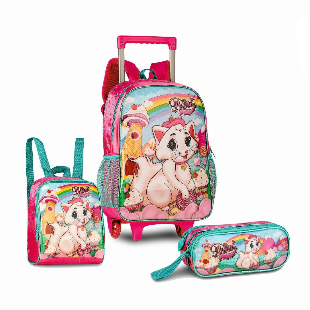 Set escolar Gato de 16 pulgadas con mochila con ruedas, fiambrera y estuche