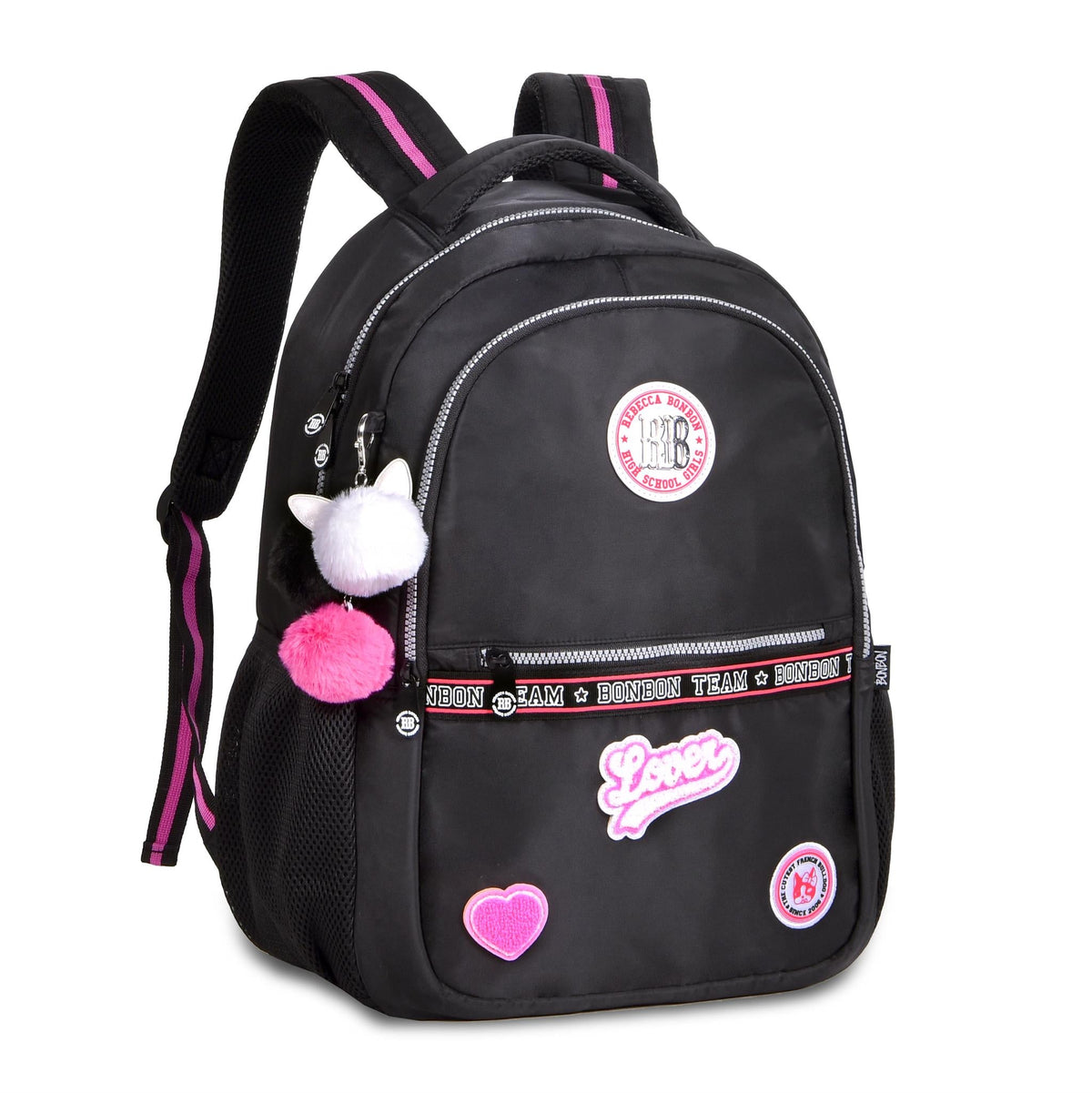 Mochila escolar Rebecca Bonbon con corazones y pompones