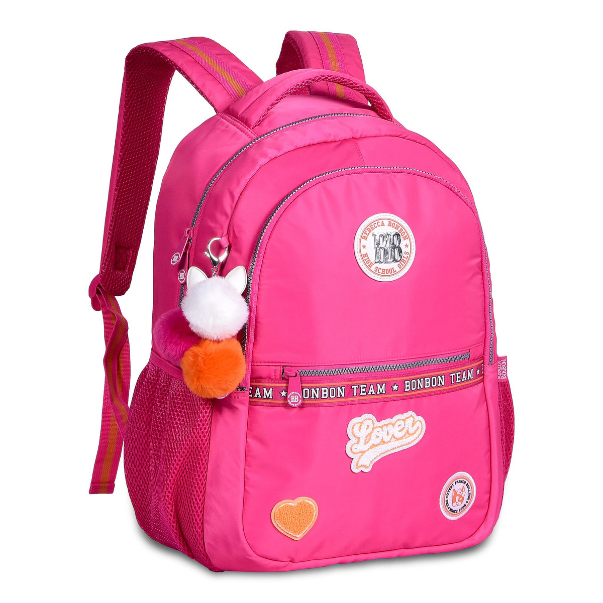 Mochila escolar Rebecca Bonbon con corazones y pompones