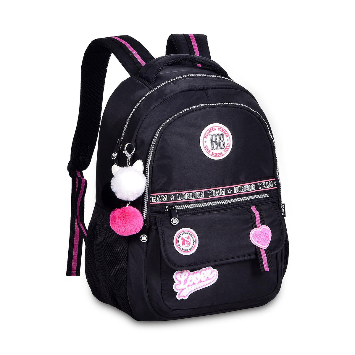 Mochila escolar Rebecca Bonbon con pompones y parches
