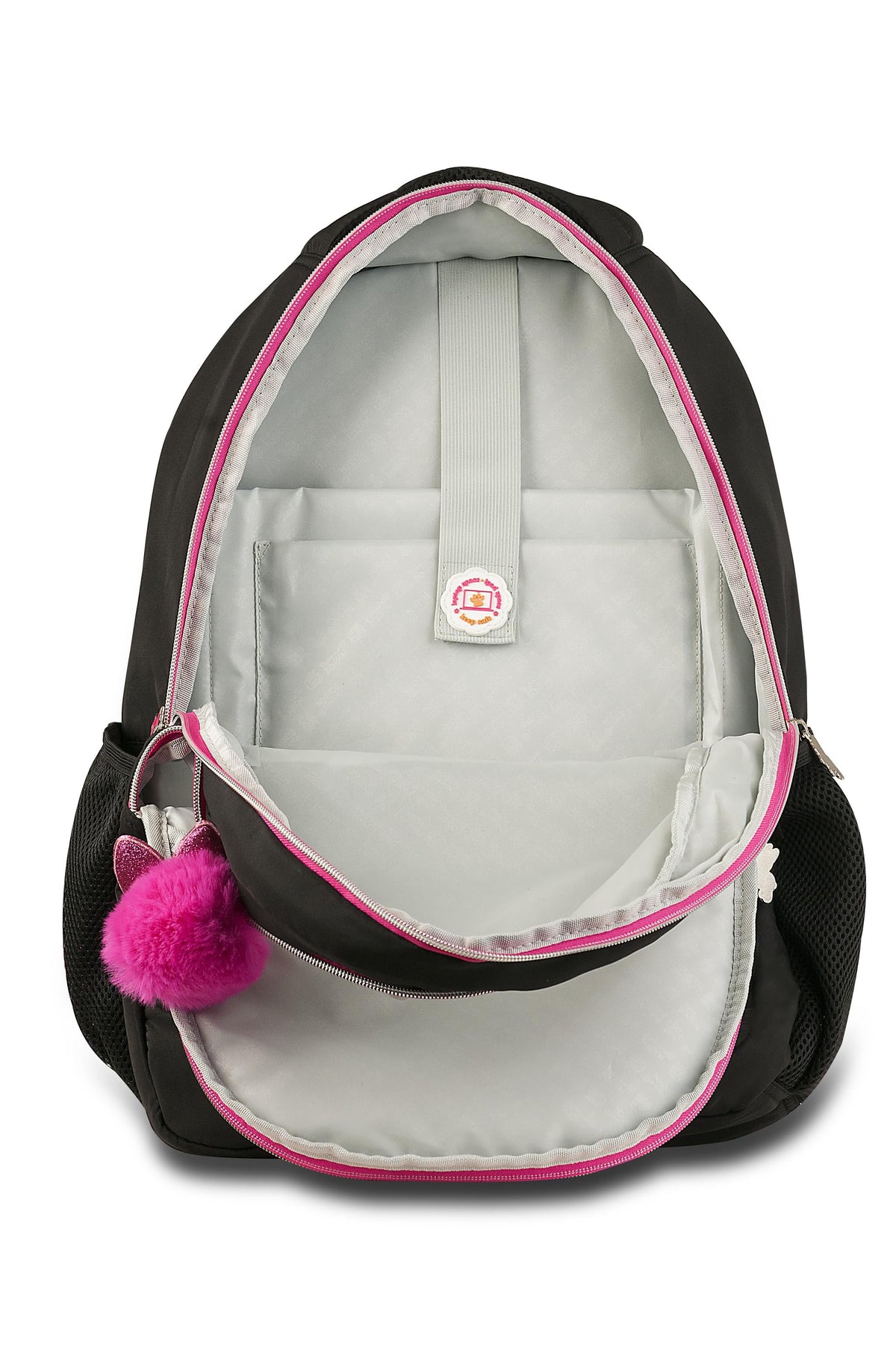 Mochila escolar Rebecca Bonbon con pompones y parches