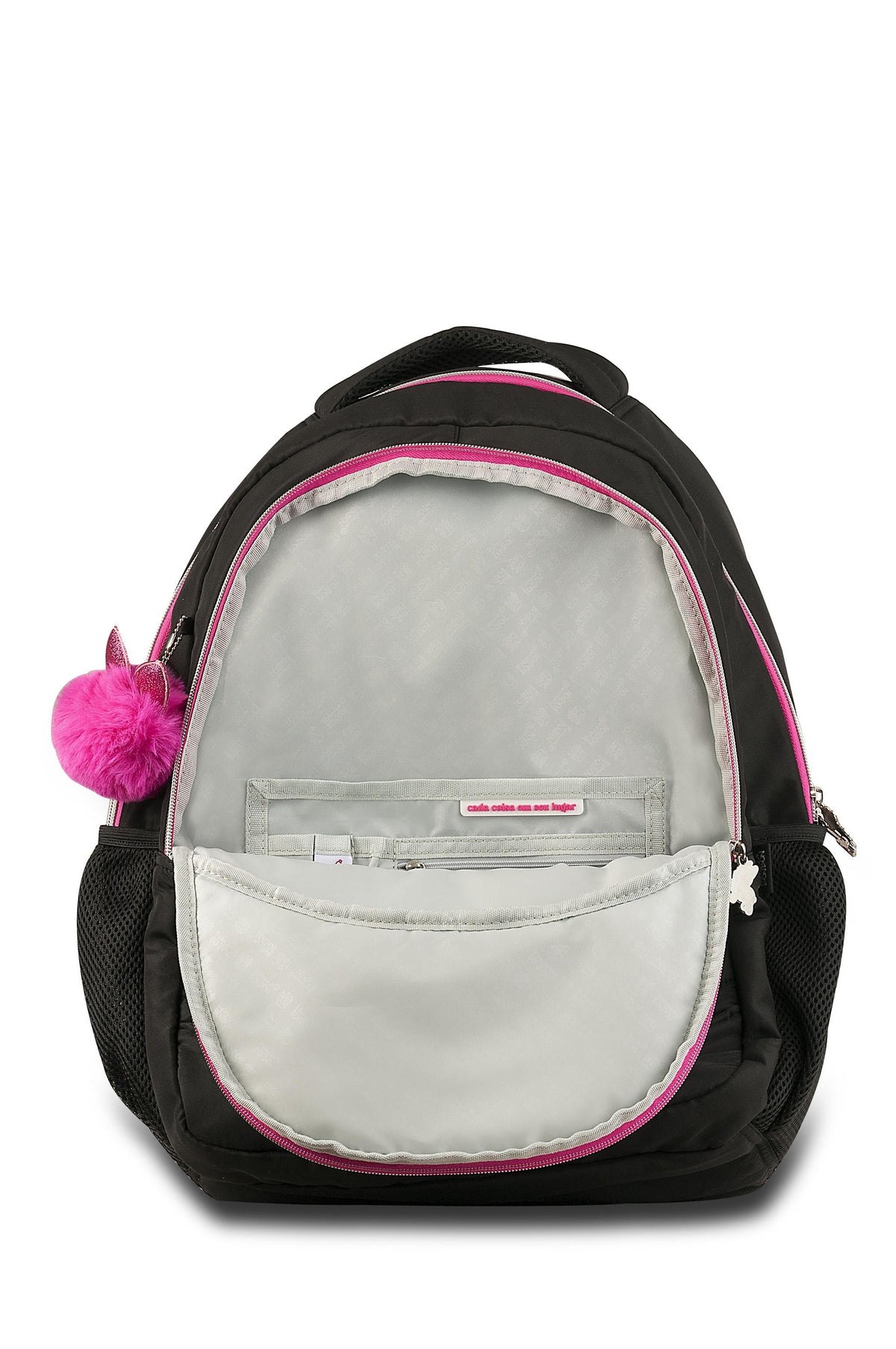 Mochila escolar Rebecca Bonbon con pompones y parches