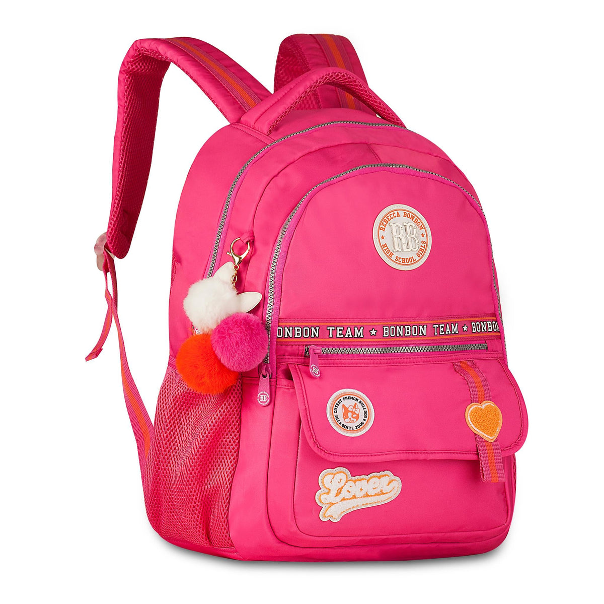 Mochila escolar Rebecca Bonbon con pompones y parches