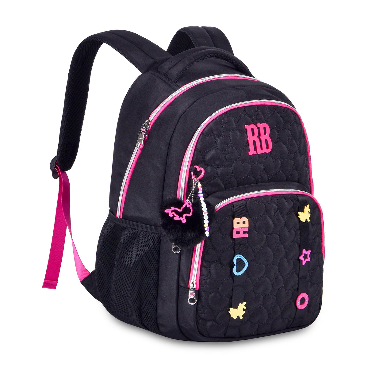 Mochila Escolar Rebecca Bonbon de 17 Pulgadas, Negra con Detalles Rosas y Colgantes Decorativos