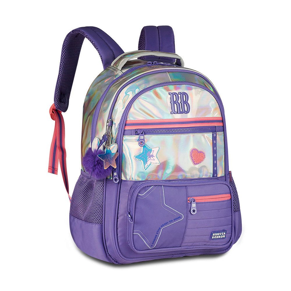 Mochila escolar Rebecca Bonbon holográfica con estrellas de 17.5 pulgadas