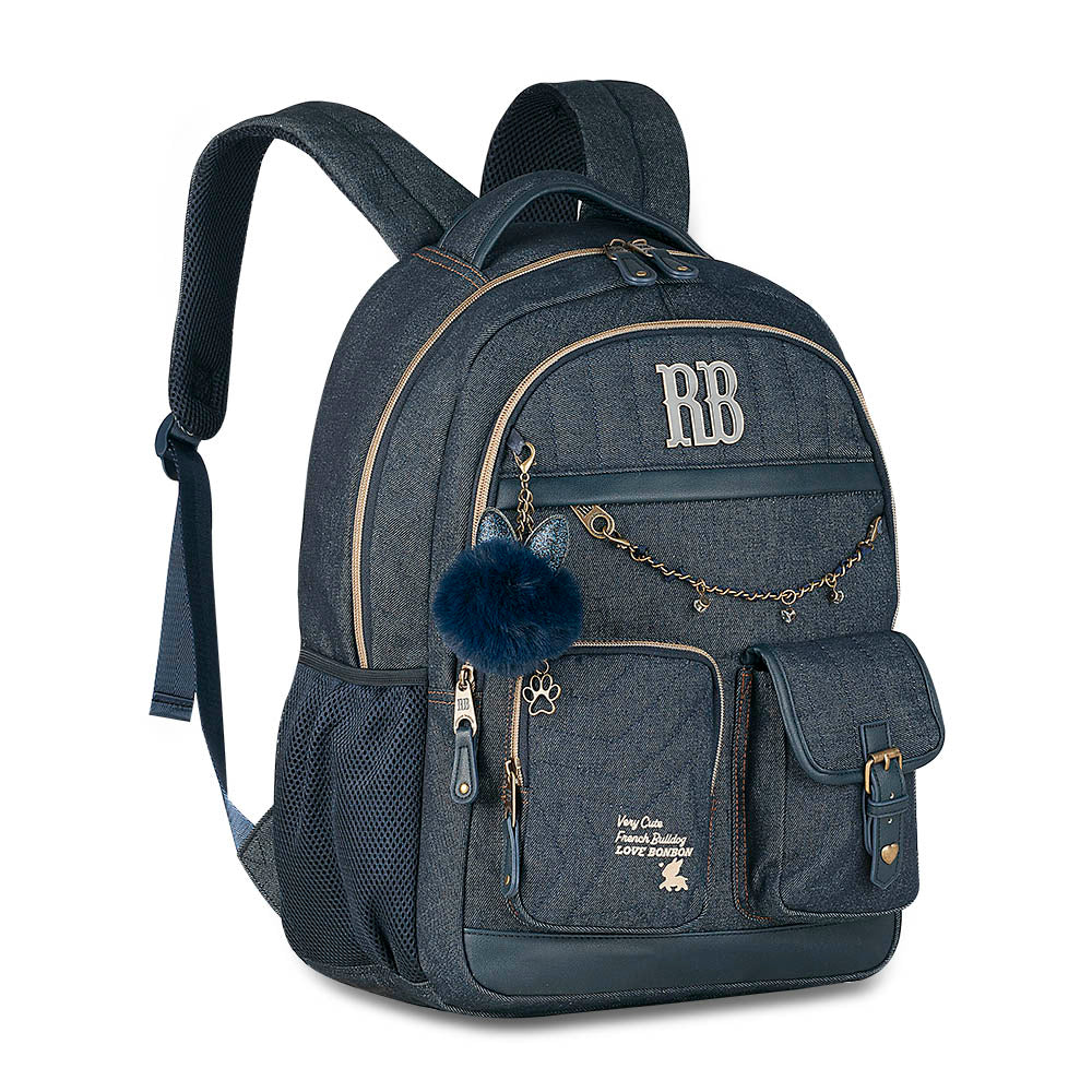 Mochila escolar Rebecca Bonbon negra con bolsillos y cadena de 17.5 pulgadas