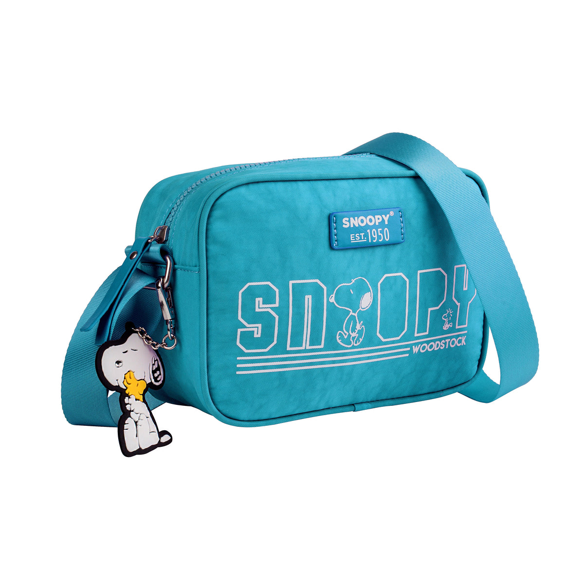 Bandolera Snoopy rectangular con logotipo y llavero