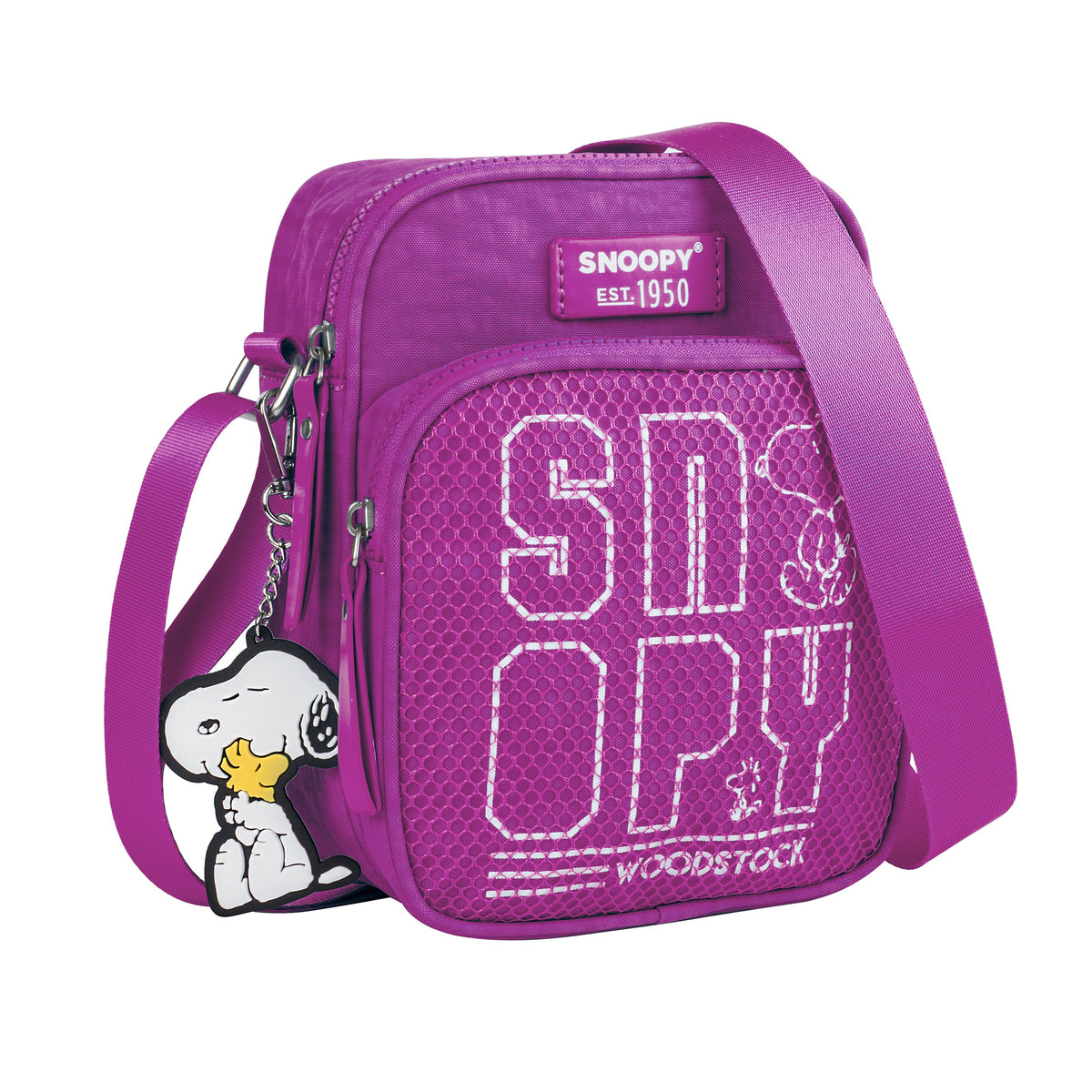 Bandolera Snoopy negra con logotipo y llavero