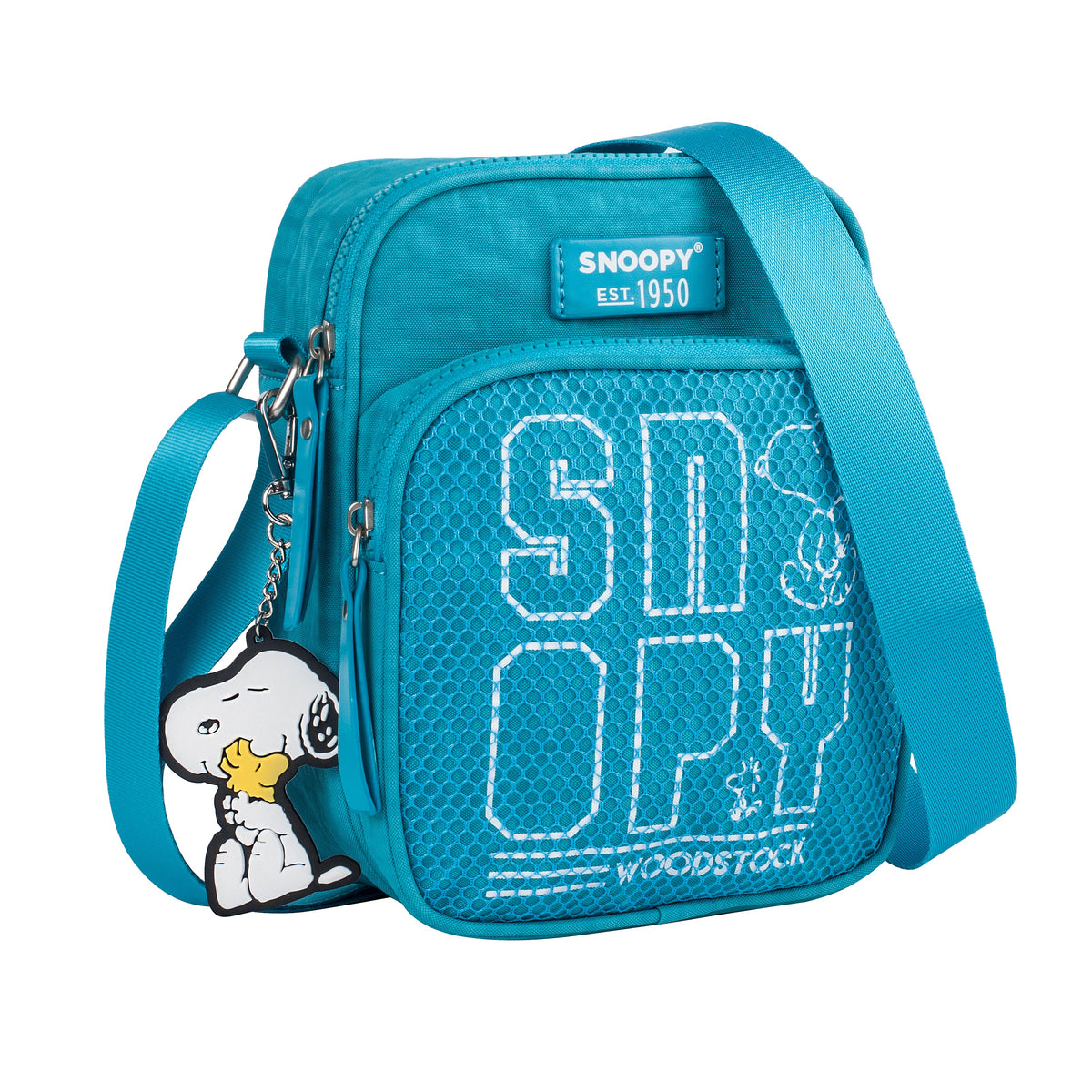 Bandolera Snoopy negra con logotipo y llavero