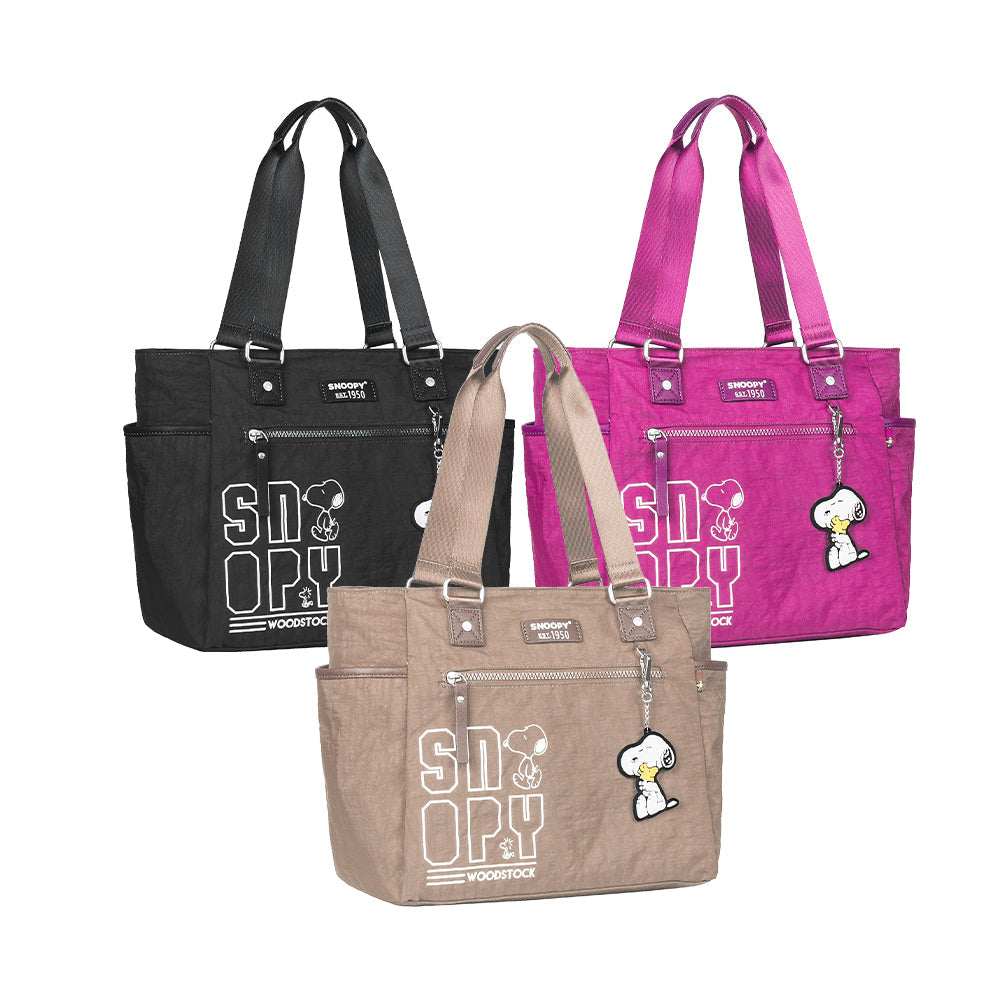 Bolso tote Snoopy beige con logotipo y asas largas