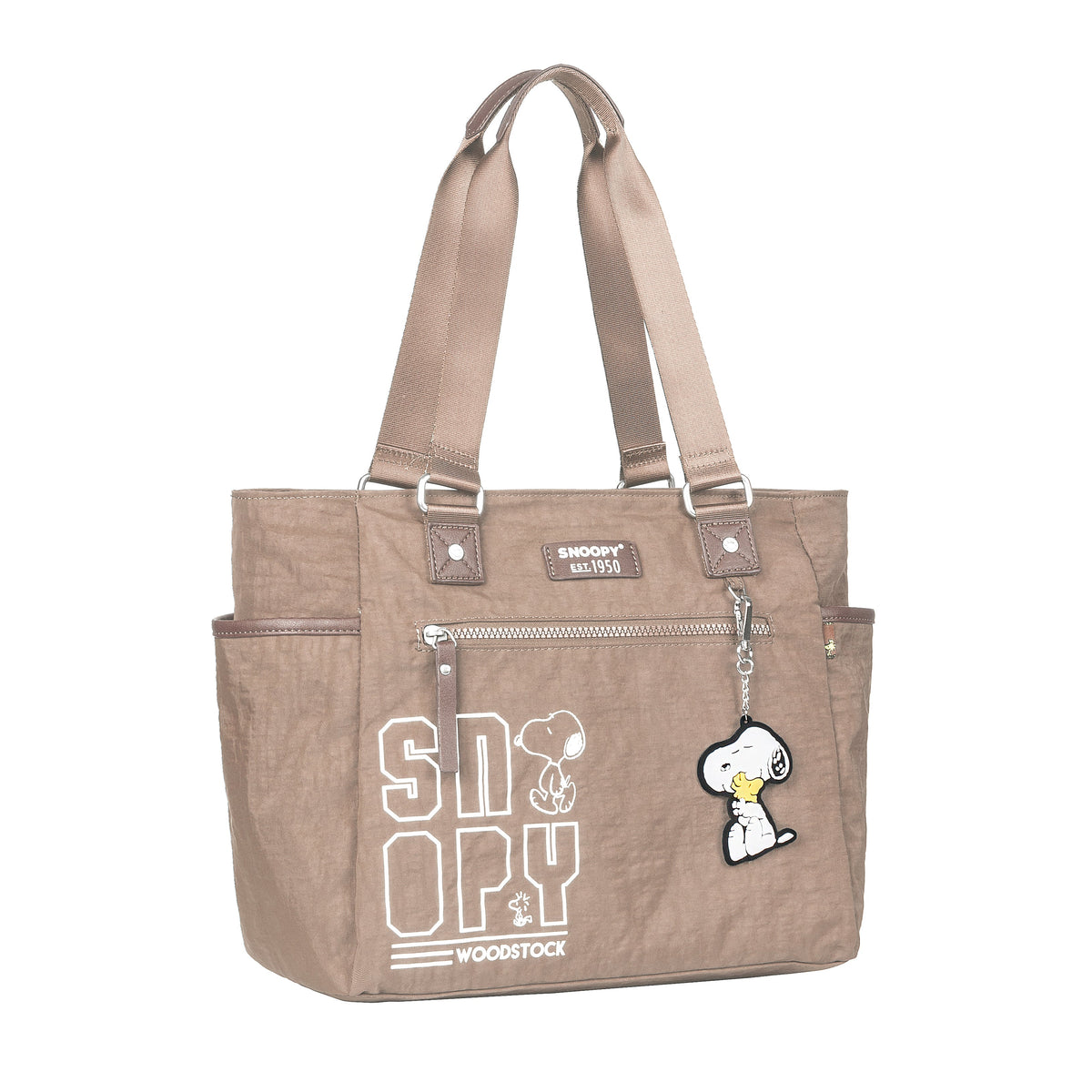 Bolso tote Snoopy beige con logotipo y asas largas