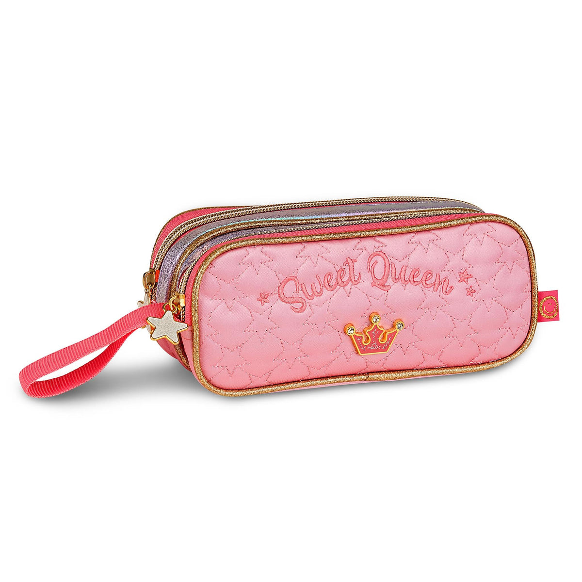 Estuche doble rosa con corona bordada