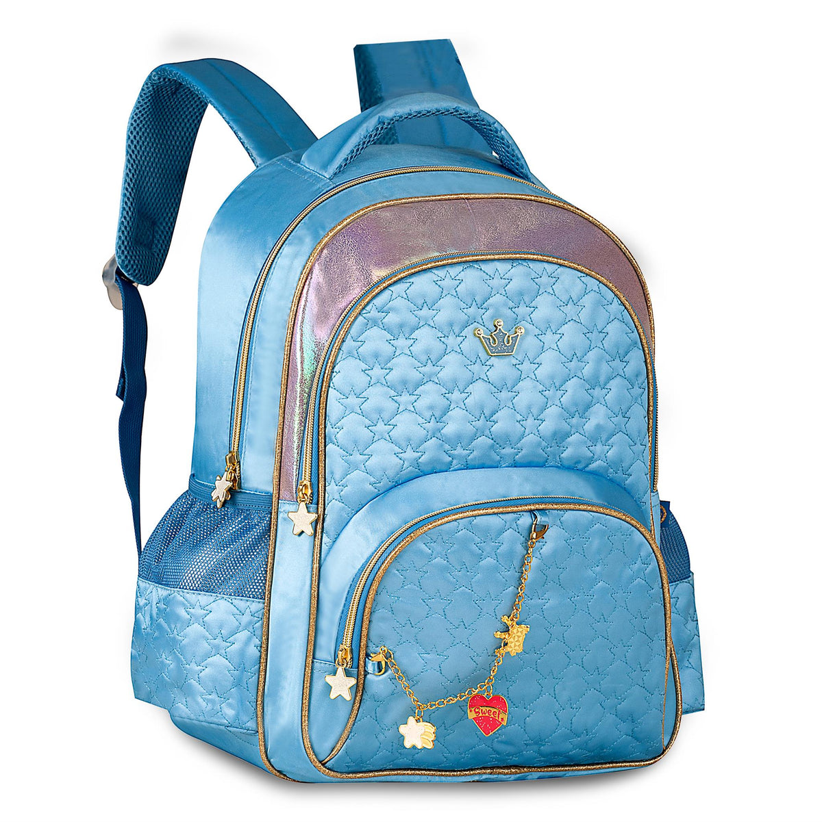 Mochila escolar lila acolchada con corona