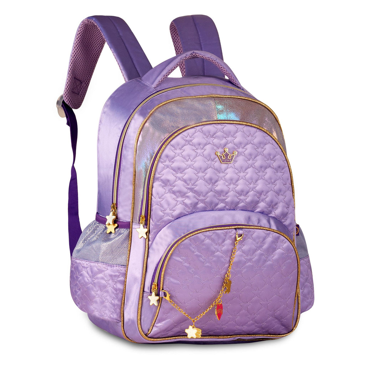Mochila escolar lila acolchada con corona