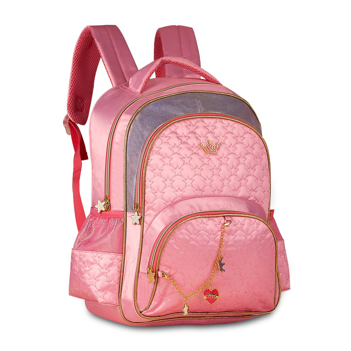 Mochila escolar lila acolchada con corona