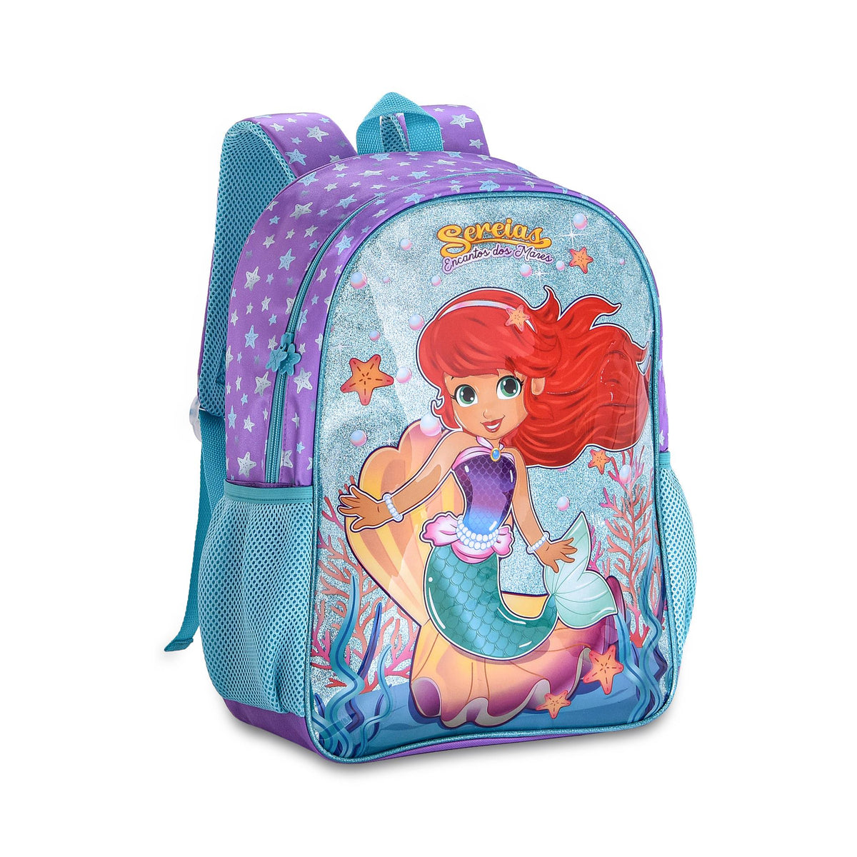 Mochila escolar lila de sirena con estrellas de mar