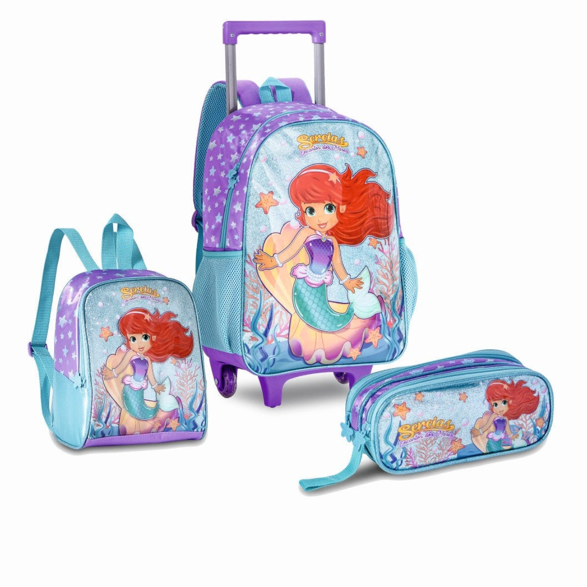Set escolar Sirenas de 16 pulgadas con mochila con ruedas, fiambrera y estuche