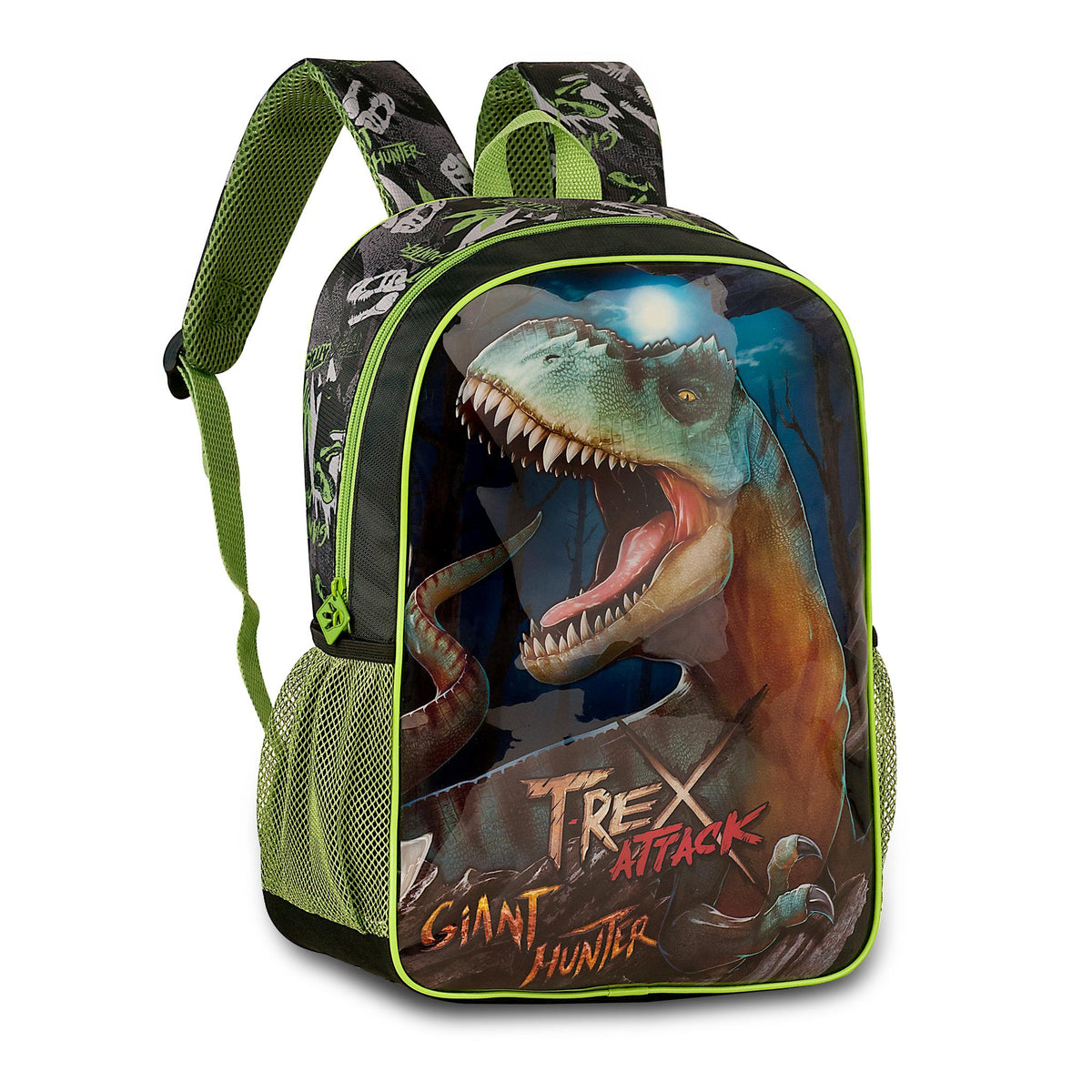 Mochila escolar negra y verde de dinosaurio T-Rex